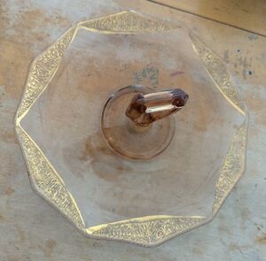 Pink Depression Glass Handled Serving Tray With Floral Gold Etching, 1950's